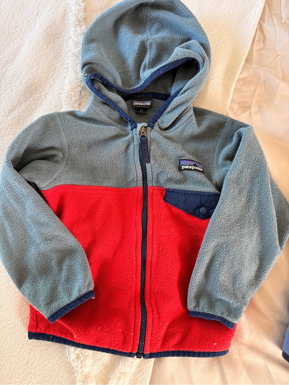 Patagonia Kids Two-Tone Blue and Red Hooded Fleece Jacket